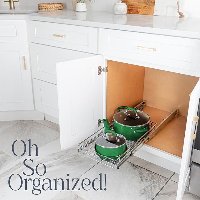 HOLDN’ STORAGE Pull Out Cabinet Organizer - Heavy Duty Steel with Smooth Slide-Out Drawers, Chrome Finish - 17" W x 17" D Basket, Fits 18.25" Cabinet Opening