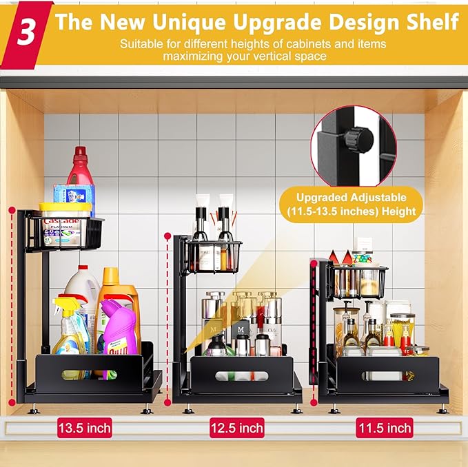 IHAITUN Under Sink Organizer and Storage, 2 Tier Pull Out Cabinet Organizer Slide Out Sink Shelf Cabinet Height Adjustable Storage Drawers Shelf for Kitchen Bathroom Cabinet Organization（Black）