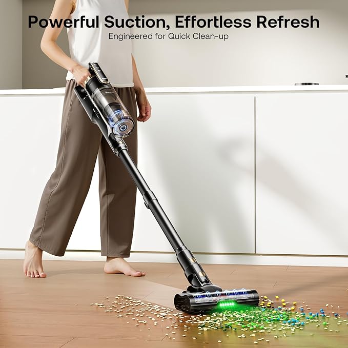 Cordless Vacuum Cleaner with Self-Standing, 50 mins Runtime Lightweight Stick Vacuum with Powerful Suction, Anti-Tangle Wireless Vacuum Versatile for Hard Floor/Carpet/Pet Hair, Gold