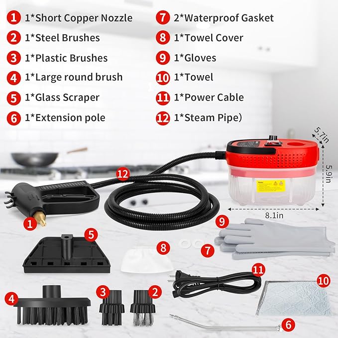 Handheld Pressurized Steam Cleaner,2500W Handheld High Temp Portable Cleaning Machine, Cleaning for Couch, Auto, Floor and More (Red1)