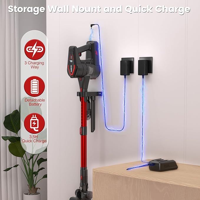 Cordless Vacuum Cleaner, 450W/45KPA Self-Standing Stick Vacuum, Lightweight Handheld Vacuum with LED Screen, Rechargeable Vacuum for Home, Hardwood, Carpets, Pet Hair, Car (Red)