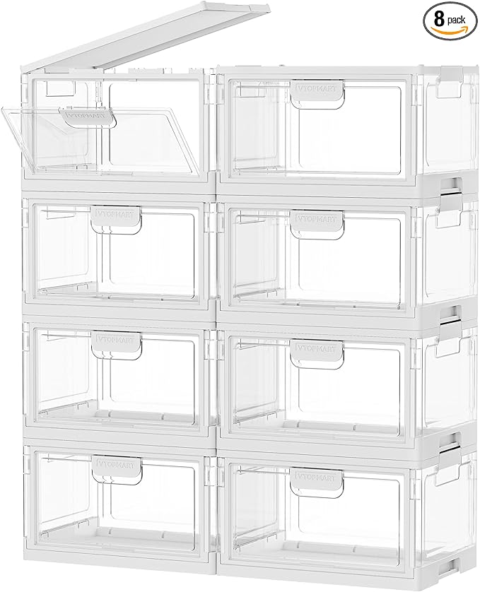 Vtopmart 8 Pack Stackable Storage Bins with Lids,24QT Clear Foldable Closet Organizer with Front-Open Doors,Plastic Storage Containers for Living Room, Bedroom, Craft Room, Dorm Organization