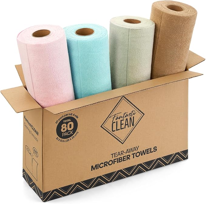 Fantasticlean Tear-Away Dish Cloth- 80 Sheets, 4 Rolls - 10'' by 10'', Reusable Washable Kitchen Towels, Super Absorbent Microfiber Cleaning Cloths (Pink,Blue,Tan,Moss Green)
