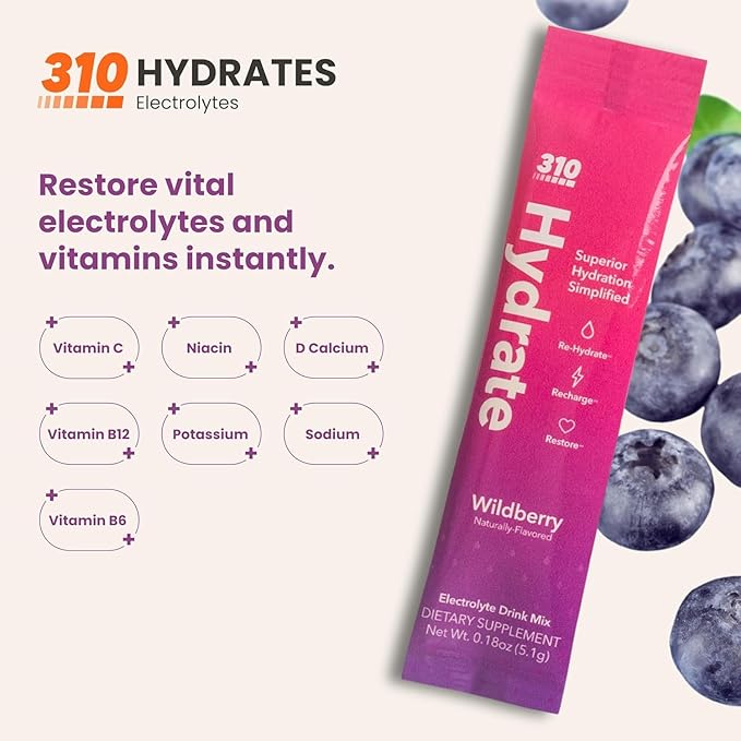 310 Nutrition Sugar Free Electrolytes Powder - Instant Hydration Packets for Daily Fluid Balance - Caffeine-Free Rehydration Drink Mix w/ Vitamins, Low Calorie & Keto Friendly - Wildberry 30 Singles