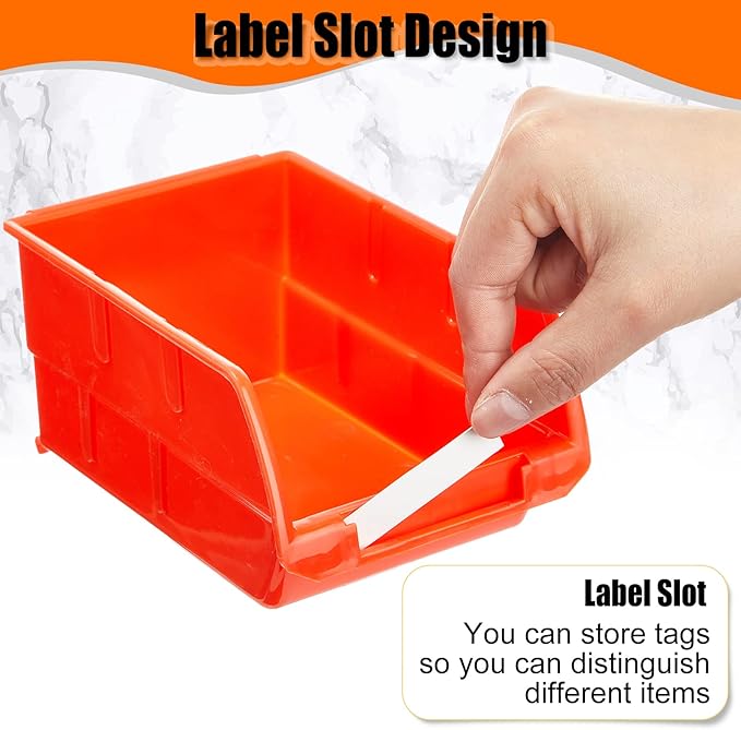 Maitys Wall Mounted Storage Bins Plastic Hanging Stackable Storage Parts Garage Tool Organizer for Screws, Nuts, Bolts, Nails, and Small Hardware Parts, 16x Bins & 4 x Rails(Orange)