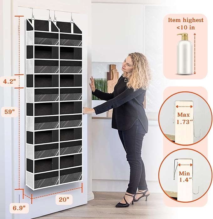 Over The Door Organizer 6 Tiers, Extra Large Behind Door Storage of 12 Compartments, 80 lbs Weight Capacity Hanging Storage Organizer with Clear Window Kids Toys, Shoes, Diapers, Room Storage,Black