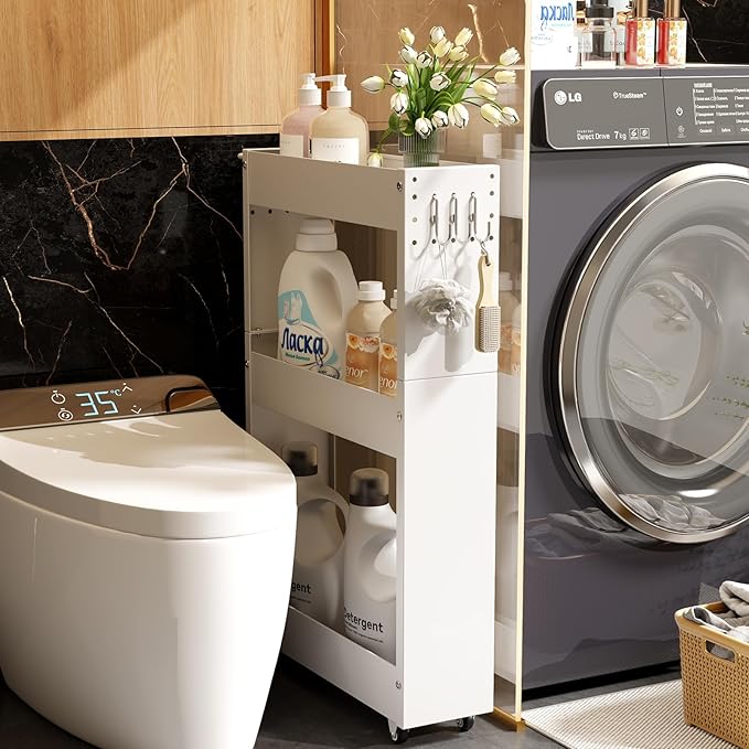 Slim Storage Cart 3 Tier with Handle,Metal Basket Bathroom Organizer Rolling cart with Wheels, Rolling Utility Cart Slide Out Organizer for Kitchen, Bathroom, Laundry