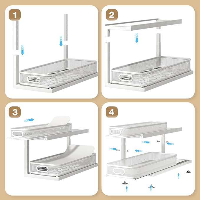 2-Pack 21.3 IN Depth Under Sink Organizer With Next-Gen Ball-Bearing Slides,Sophisticated Mesh 2-Tier Pull Out Shelf for Kitchen & Bathroom,Fits Small Items-White(Patented)