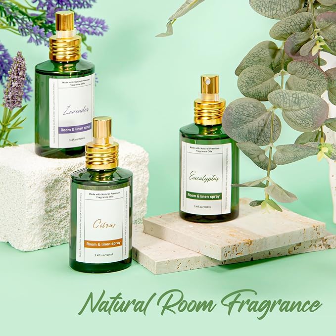 Room Spray Odor Eliminator 3 Pack, Natural Essential Oil Air Freshener Spray for Home Bathroom and Kitchen, Lavender, Citrus, Eucalyptus