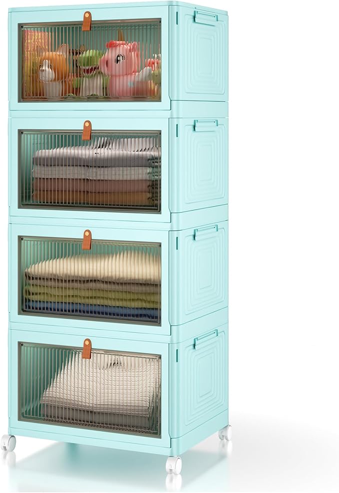 4 Tier Stackable Plastic Storage Bins with Lid and Wheels - 23 QT Closet Organizers and Storage, Foldable Storage Containers, Organization and Storage Boxes for Craft, Home, Pantry, Dorm,Green