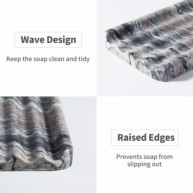 Soap Holder for Bathroom, Black Marble Soap Dish for Kitchen Countertop, Soap Tray with Creative Wavy Design, Soap Saver for Bath Tub, Sponges, Italian Natural Stone