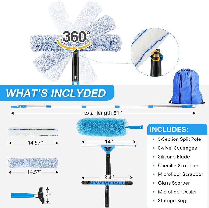 75'' Window Squeegee Cleaner Tool, Professional Window Cleaning Kit for Glass with 360° Rotation & Extension Pole- Glass Cleaner Tool with Scrubber for Windows,Glass,Bathroom,Shower