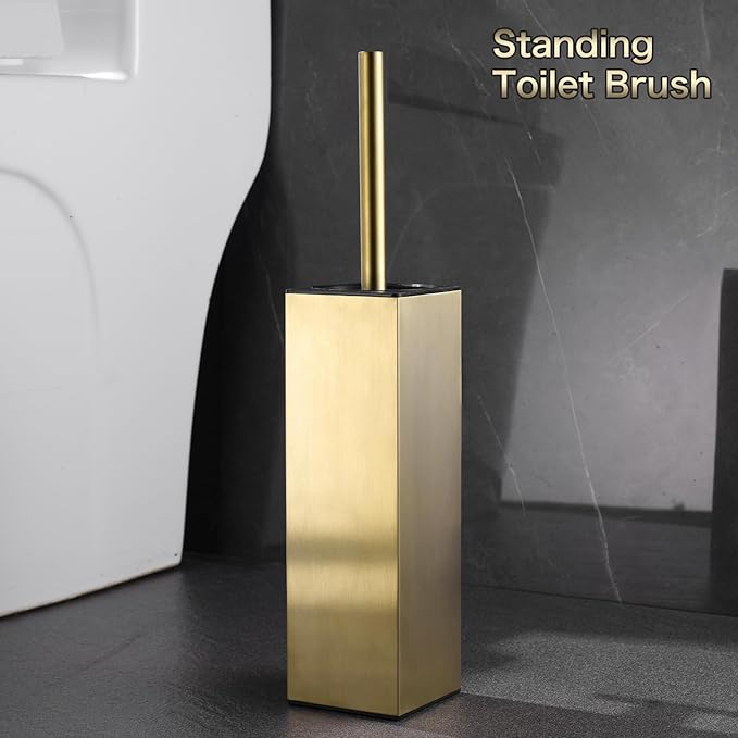 Upright Toilet Brush and Plunger Set, Square Toilet Cleaner, Toilet Brush Holder Set Brushed Gold