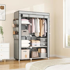 VTRIN Wardrobe Closet, 41.7 Inch Wide Portable Closets for Hanging Clothes with 1 Hanging Rod, 6 Shelves, 6 Pockets, Clothes Rack with Cover Portable Wardrobe Closet for Bedroom, Dorm, Grey