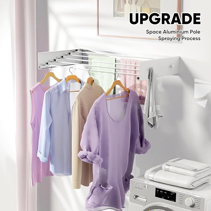 Clothes Drying Rack 20 inches Foldable Wall Mount Laundry Rack Folding Indoor Drying Rack Clothing Collapsible Hidden Space Saver with Wall Template 6 Rods White