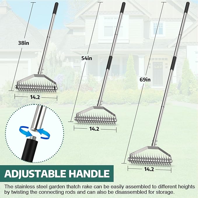 Lawn Rake for Yard, 304 Stainless Steel Thatch Rake for Lawns - Heavy Duty Dethatcher Blades with Adjustable Handle , Efficient Dethatching Rakes for Cleaning Dead Grass, Loosening Soil