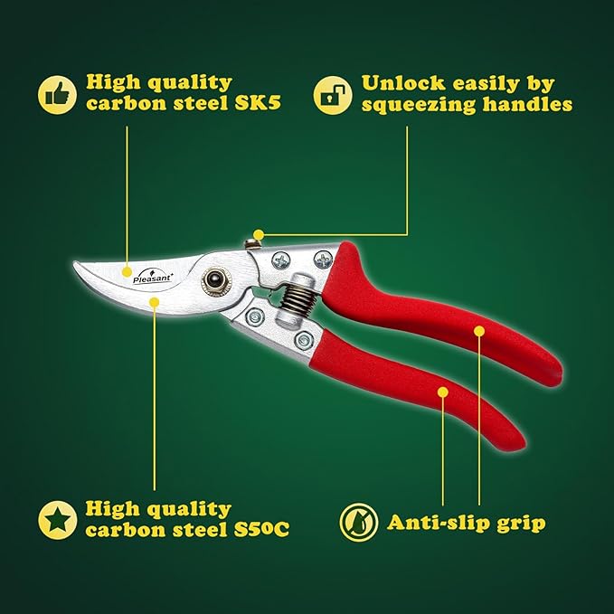 Pleasant Plus 8 inch Bypass Pruning Shears, Hand Pruners, Garden Clippers., Professional-Grade for Bonsai, Indoor and Outdoor plants, Tree Branchs, Sharp Blades, Ergonomic, Durable Aluminum Handles
