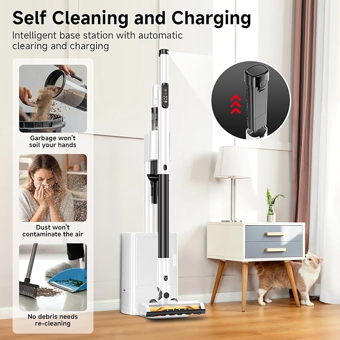 Self Clean and Empty Cordless Vacuum Cleaner with 2.5L Dust Base, Powerful Suction Handheld Vacuum, Auto Empty System, HEPA Filtration, Stick Vacuum for Pet Hair, Hardwood and Carpet, Black