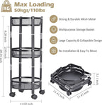 TOOLF 3-Tier Foldable Rolling Cart, Collapsible Metal Utility Cart with Wheels, Assembly-Free, Round Storage Organizer Trolley for Kitchen, Bathroom, Dorm, Nursery, Black