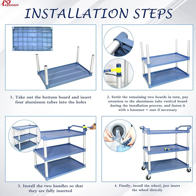 AQNIEGEP Utility Carts with Wheels, Large Food Kitchen Cart Heavy Duty, Rolling Service Cart w/Hammer for Restaurant, Office, Commercial, 600lbs Capacity, Lockable Wheels, 3-Tier