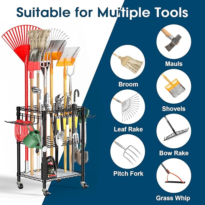 T1 Garden Tool Organizer（With Lockable Wheels）Heavy Duty Garage Tool Storage for Yard，Shed，Outdoor and Lawn，Freestanding Tool Organizers and Storage UP to 50 Tools，Black with Anti-Tip Device