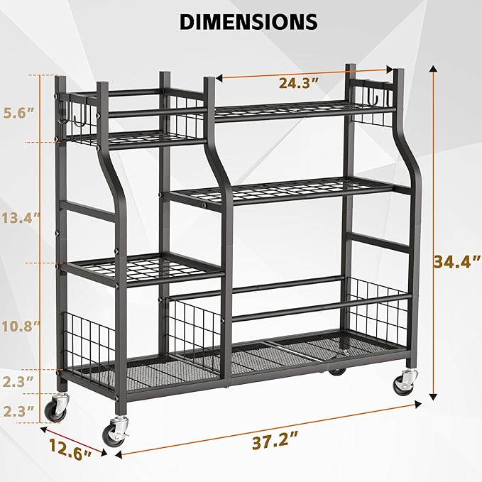 Garden Tool Organizer with Wheels for Garage and Shed, Spacious Tool Storage, Multi-Tier Design with Side Hooks for Rakes, Shovels, Brooms, and Yard Tools Rolling Cart