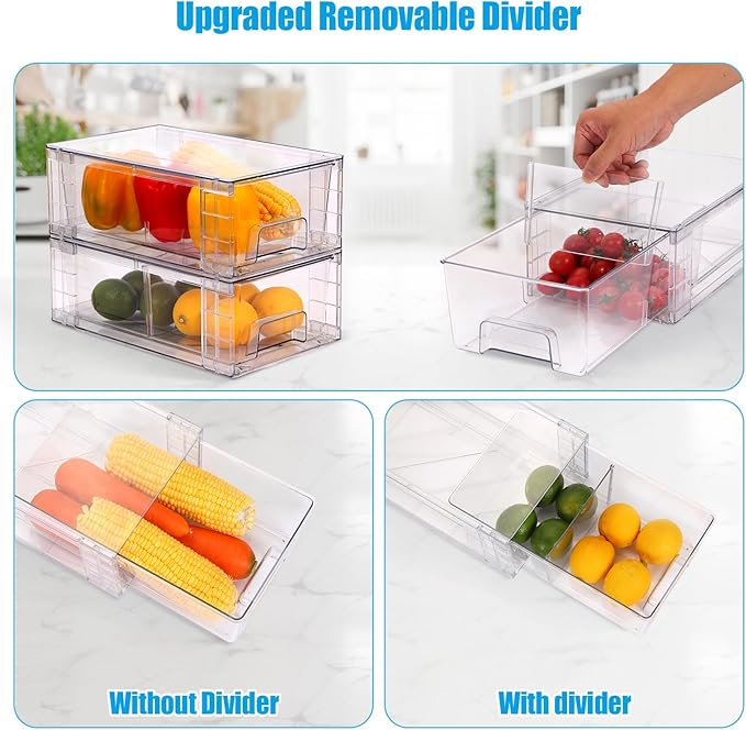 2 Pack Stackable Storage Drawers,Plastic Organizers Bins, Drawers Storage with Handles and Movable Dividers for Organization and Storage in Fridge,Dressers, Pantry, Kitchen Cabinets, Under Sink