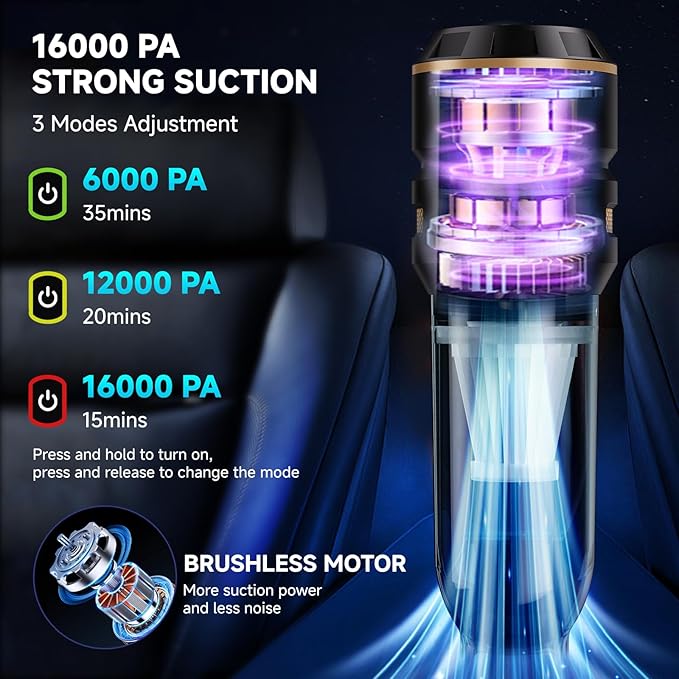 Handheld Vacuum Cordless, Car Vacuum Cleaner with Brushless Motor, Strong Suction Vacuum & Compressed Air Dusters with LED Light, Wireless Mini Portable Hand Vacuum Blower for Home, Pet (Black)