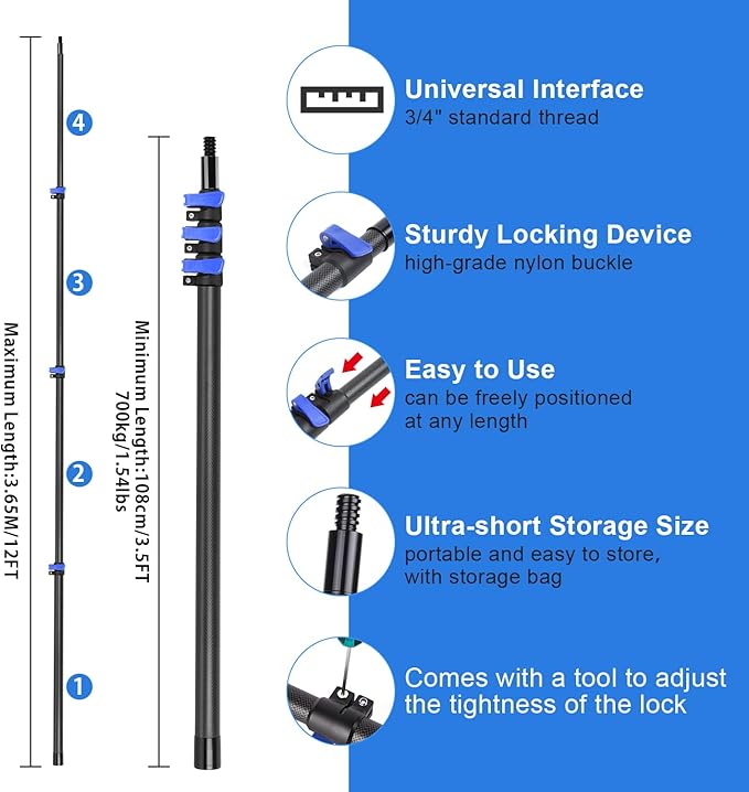 DOBEN 12-Foot Carbon Fiber Window Cleaner Tool with Telescopic Extension Pole, Rotating Scrubber & Squeegee - Durable Lightweight Design for Indoor/Outdoor Glass Cleaning