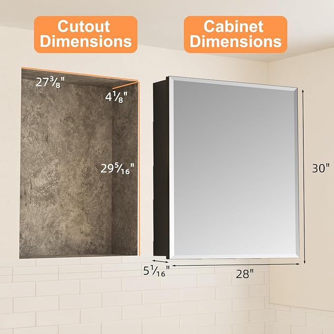 28x30 Inch Medicine Cabinet with Mirror, Aluminum Medicine Cabinet, Tempered Beveled Edge Large Singer Door Mirror, Adjustable Shelves, Surface or Recessed Mount Bathroom Mirrors with Storage, Black