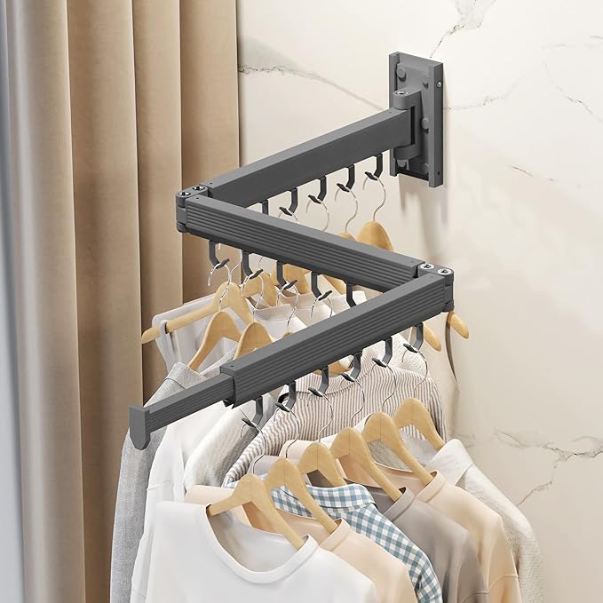 Wall Mounted Clothes Drying Rack,Laundry Drying Rack Wall Mount,Clothes Hanger,Drying Rack Clothing,Retractable Laundry Rack for Hanging Clothes,Collapsible,Foldable,Grey-Hooks