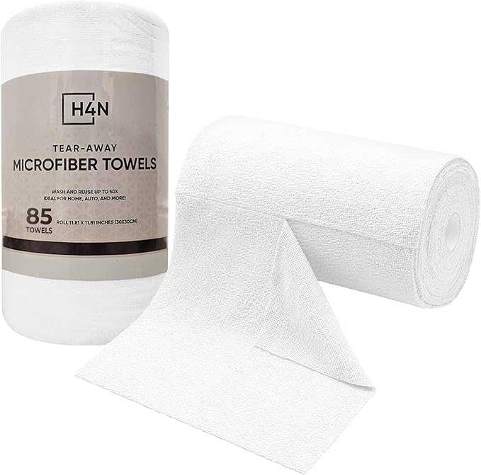 H4N Microfiber Cleaning Cloth Roll, 85 Pack Tear Away Towels, Lint Free, Absorbent, Streak Free, Non-Abrasive, Reusable and Washable Dish Rags for Car and Household Supplies, 11.81x11.81 Inches, White