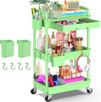 Goovilla 3 Tier Rolling Utility Cart Organizer with Removable Drawer, Stable and Sturdy Green Rolling Storage Carts with 2 Lockable Wheels for Bathroom, Kitchen, Snack, Craft, Makeup, Baby Essentials