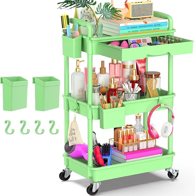 Goovilla 3 Tier Rolling Utility Cart Organizer with Removable Drawer, Stable and Sturdy Green Rolling Storage Carts with 2 Lockable Wheels for Bathroom, Kitchen, Snack, Craft, Makeup, Baby Essentials