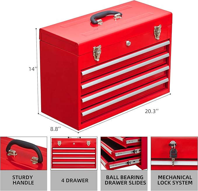 Tool Chest Cabinet, Large Capacity Metal Tool Box with Wheels and Cylinder Locking, Roll Around Storage Organizer Tool Cart for Garage, Redtool cabinets on Wheels (Red, 4-Drawer)