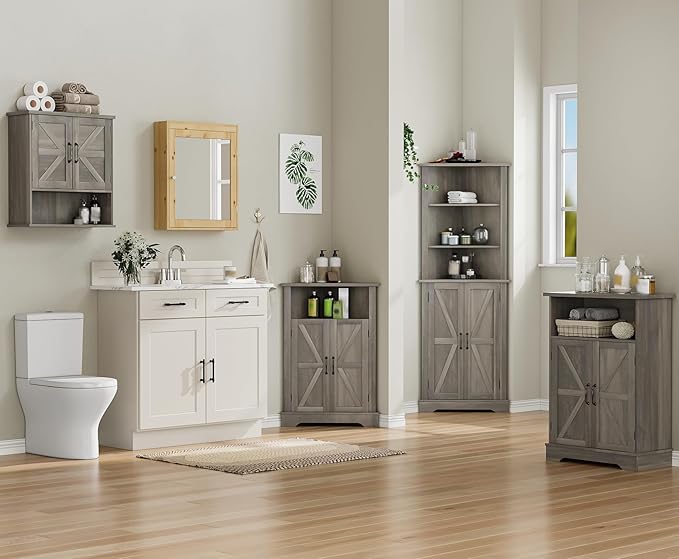 Bathroom Wall Cabinet with Barn Doors, Wall Mounted Bathroom Storage Cabinet, Farmhouse Style, Adjustable Shelf, Wall Mounted, Grey