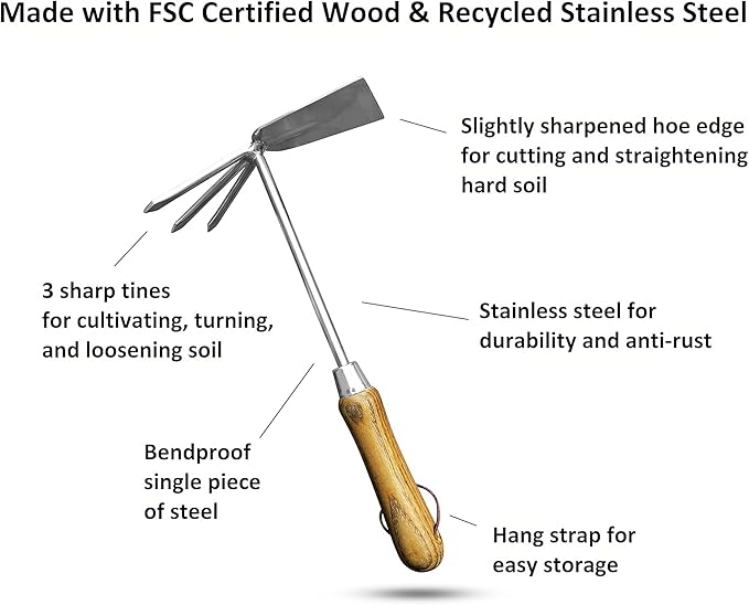 Garden Guru Eco Hand Cultivator Hoe Tiller Tool - 100% Recycled Stainless Steel - Rust Resistant - FSC Certified Wood Ergonomic Handle -Great for Gardening Cultivating Loosening Weeding
