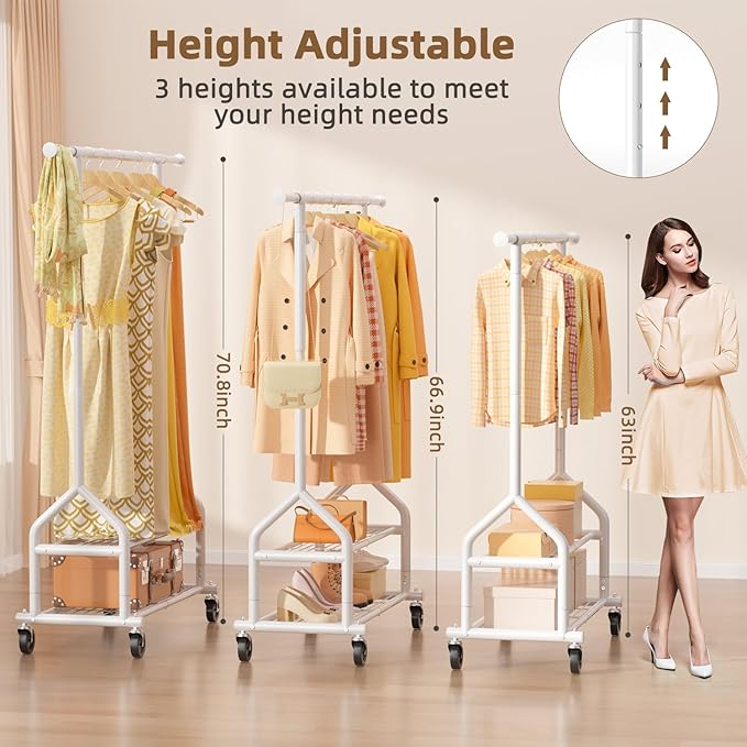 EAGMAK Heavy Duty Clothes Rack Load 556 LBS, Rolling Clothing Rack With Shelves, Height Adjustable Metal Clothes Hanger with Wheels Portable Wardrobe Organizer Garment Rod for Hanging Clothes (White)