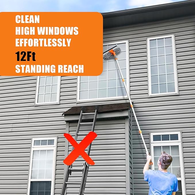 Window Cleaner Tool for Home, 3 in 1 Squeegee for Window Cleaning Kit for High Window with 1 Rotatable Head 3 Interchangeable Scrubber with Extension Pole ﻿