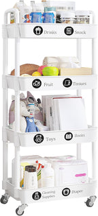 UDEAR 4-Tier Rolling Utility Cart with 12 Category Labels,Multifunctional Storage Shelves with Handle and Lockable Wheels for Room,Office,Kitchen,Bathroom,White