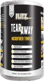 Flitz Tear Away Microfiber Towel Roll (50 Sheets) - USA-Made 12" x 12" Cloth Paper Towels - Reusable & Washable Ultra Absorbent Cleaning Cloth Roll for Cars, Kitchens, Appliances - Grey (1 Pack)