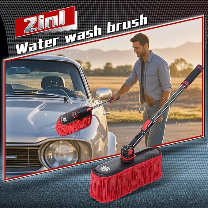 2In1|2MOPS(Car Wash Brush Mop*1 & Car Duster Mop*1) with 1 Long Handle|Microfiber Car Brushes for Washing Exterior,Car Wash Accessories Scratch Free,Car Wash Mop for Rv Truck Boat