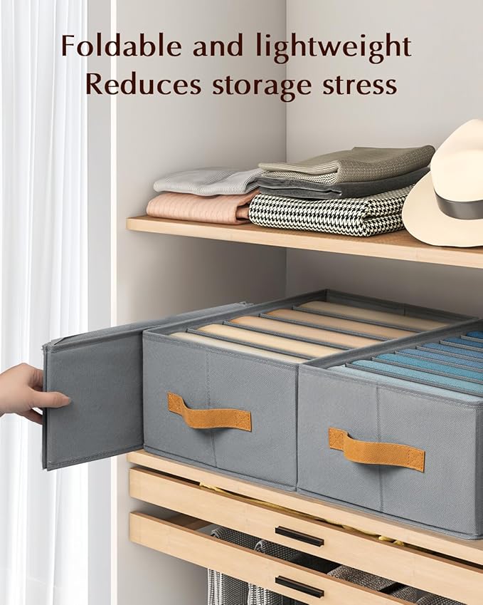 Clothes Organizers and Storage - 4/5/7 Grids Fabric Jeans Organizer with Handles, Foldable Closet Organizers Dividers, Wardrobe organizer for Pant, Sweater, T-shirt, Scarf, 6 Pack, Pale Grey