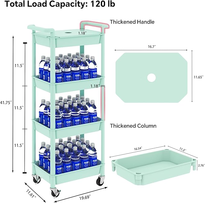Utility cart with Tabletop 4 Tier Rolling Cart Organizer with Wheels Movable Storage Cart for Office, Living Room, Kitchen, Craft Room, Green