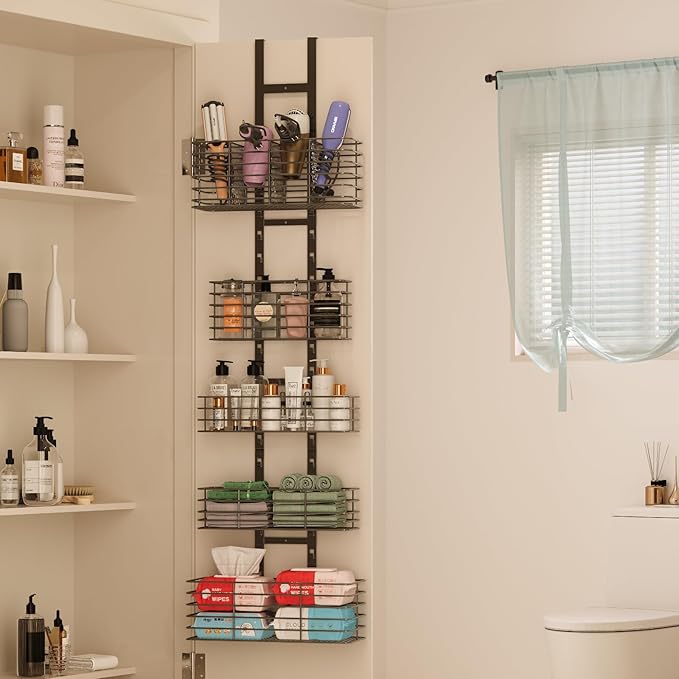 5-Tier Over The Door Bathroom Organizer - Hair Dryer Holder - Hair Tool Organizer Adjustable Height, DIY Bathroom Storage Shelf Wall Mounted for Flat/Curling Irons, Straighteners, Skincare