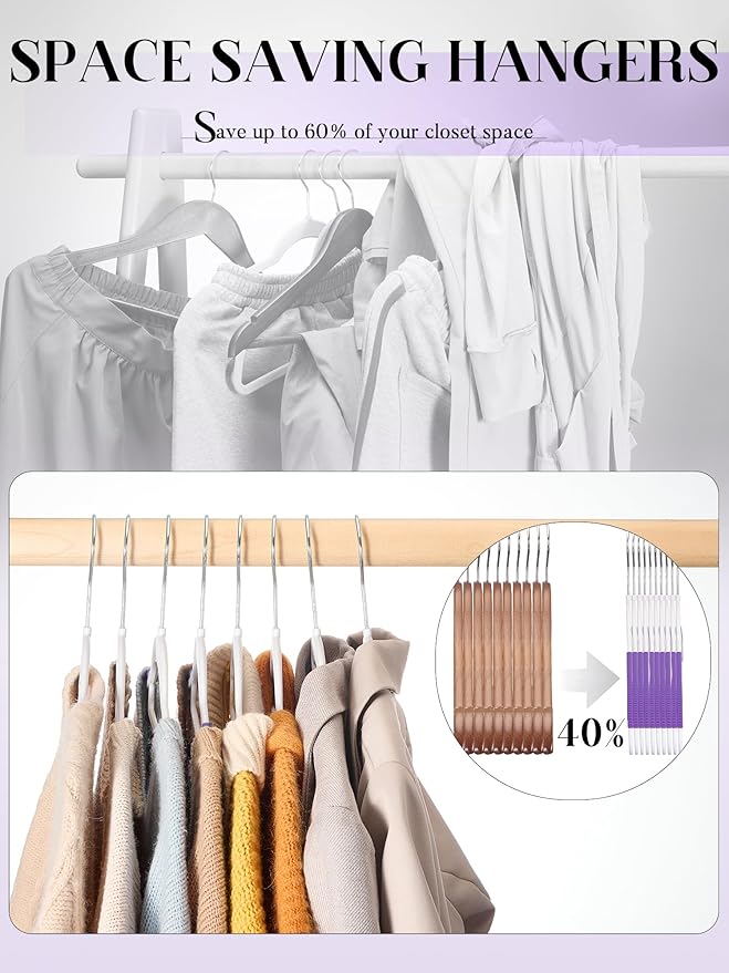 HOUSE DAY Plastic Hangers 100 Pack, White Clothes Hangers with Non Slip Purple TPR Grip, Heavy Duty Coat Hanger with 360º Swivel Hook, Slim Hanger Space Saving for Closet, Ideal for Shirt, Suit, Pant