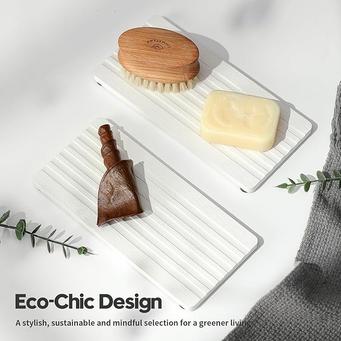 2PCS Diatomite Quick Stone Drying Tray Mat for Bathroom & Kitchen Counter, Instant Dry Water Absorbent Drink Bar Coasters,Vanity Sink Caddy Organizer,Dish Soap Sponge Holder, Ivory,8"x3.8"