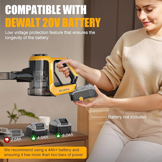 Ecarke Cordless Stick Vacuum Cleaner Compatible with DeWalt Battery, 350W Brushless Motor, 30KPa Suction, 6-in-1 180° Bendable Wand, Smart Screen 2x5AH Batteries & Charger – Hardwood Floors