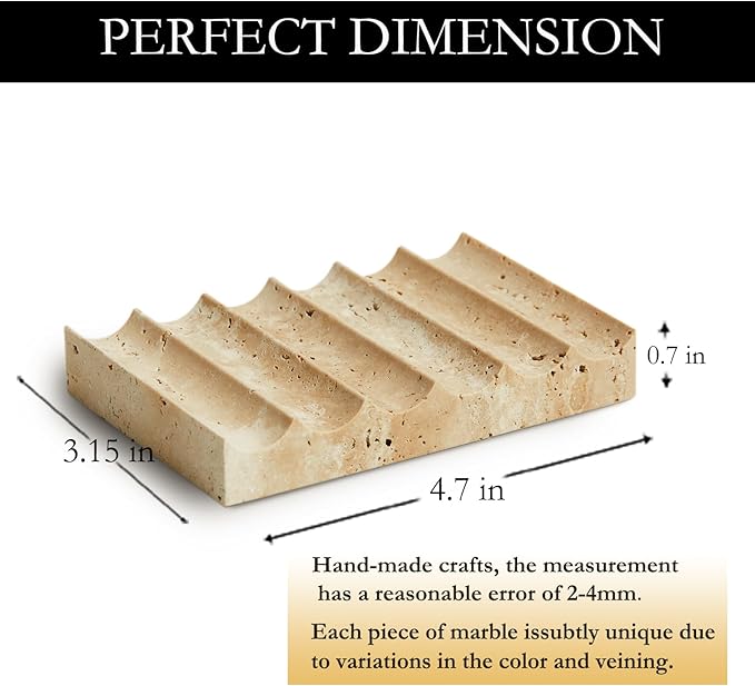 Elegant Natural Marble Soap Dish – Zen Stone Soap Tray – Rectangle Non-Slip Soap Holder for Bathroom and Kitchen - Jewelry Display Dish (Beige Travertine)