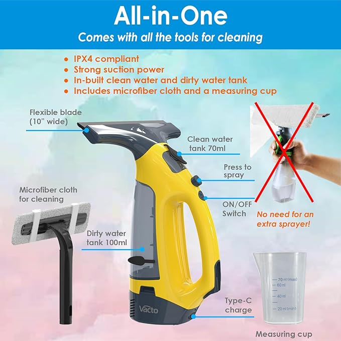All-in-One Electric Window Vacuum Squeegee Set, Streak-Free Cordless Window Cleaner Tool with Telescopic Handle, Glass Cleaner Tool for Windows, Mirrors & Smooth Surfaces